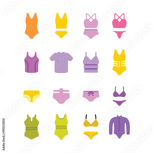 Collection of swimwear bikini and clothing icons set vector isolated background