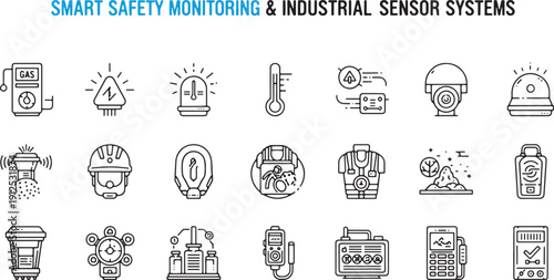 Vector Set of Smart Safety Monitoring and Industrial Sensor System Icons for Factory Automation, Occupational Health and Workplace Security