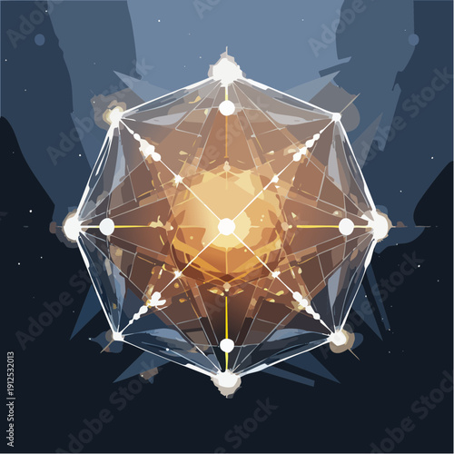Abstract futuristic polyhedron with a luminous energy core and network connections.