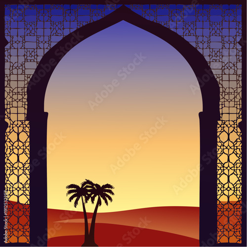 Minimalist graphic of a Muslim person in prayer inside a mosque arch.