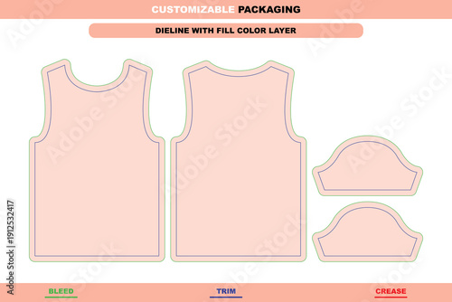 Kids blank t-shirt packaging dieline template with child size garment structure and printable layout for apparel design projects using smooth die line setup