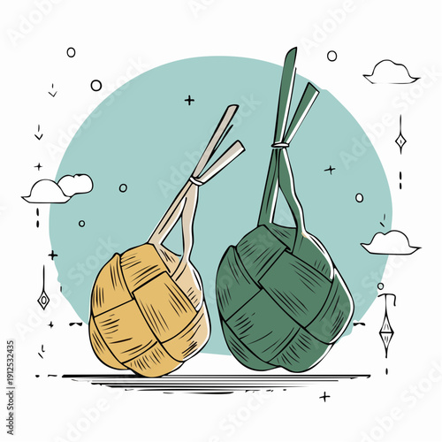 Hand drawn illustration of two colorful ketupat rice dumplings for Eid celebration.