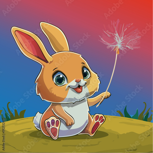 Adorable cartoon baby rabbit sitting happily and holding a pink flower.