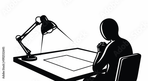Silhouette of a person at a desk with a lamp, intensely focused on a blank page, symbolizing deep thought, creative process, work, and study. Black and white.