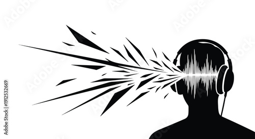Abstract illustration of powerful sound exploding from headphones, representing intense music, audio impact, or noise. Dynamic visual of sound waves and sharp fragments.