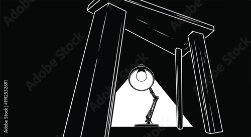 High-contrast black and white graphic of a desk lamp brightly illuminating a confined space, evoking concepts of creativity, study, and focused effort.