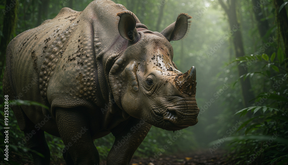 Naklejka premium Majestic rhinoceros emerges from lush, verdant jungle foliage, showcasing its powerful horn and thick, textured skin in a tropical wilderness setting