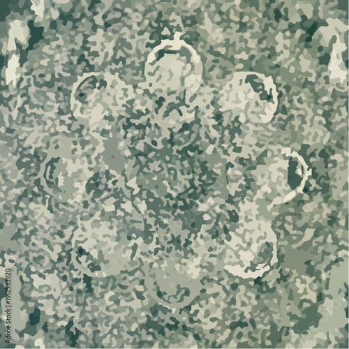 Abstract digital military camouflage pattern in a symmetrical kaleidoscope design.