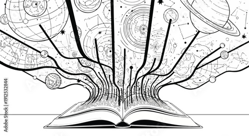 Open book with branching lines connecting to planets, stars, and celestial maps, symbolizing knowledge, scientific discovery, and the universe.