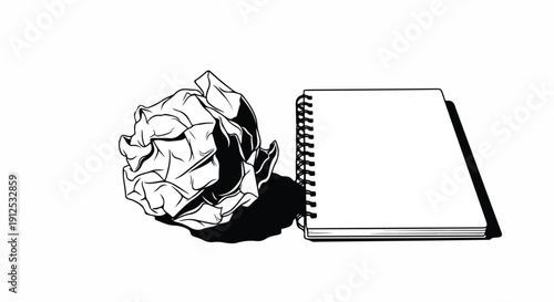 Crumpled paper and blank spiral notebook illustration. Symbolizing creative blocks, discarded ideas, and the promise of new ideas and fresh starts.