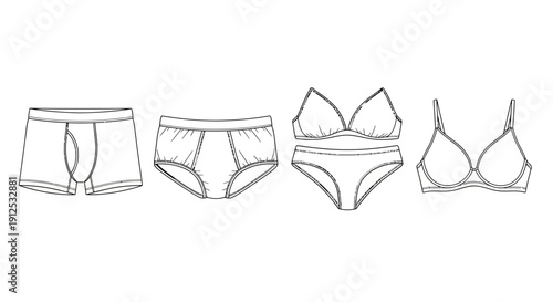 Underwear Collection: Boxer Briefs, Briefs, Bra and Panty Set - Line Art