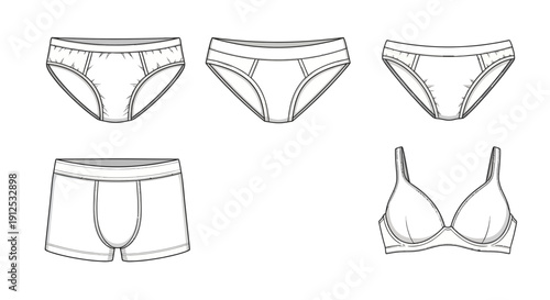 Underwear Fashion Flat Sketch Collection: Bra and Panties Set, Boxer Briefs