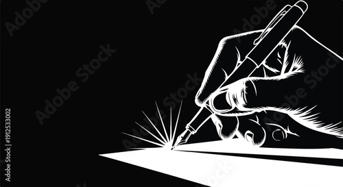 Close-up of a hand holding a pen writing on a piece of paper with bright light emanating from the nib