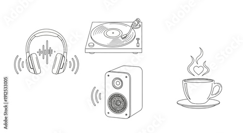 Vintage Turntable, Headphones, Speaker, and Coffee Cup: Music and Relaxation Concept
