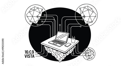Abstract digital art depicting a laptop on a floating island connected to geometric shapes, representing data and technology