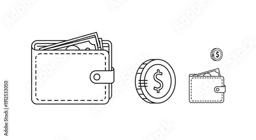 Wallet with Cash and Coins Icons: Finance, Savings, and Budgeting Concept