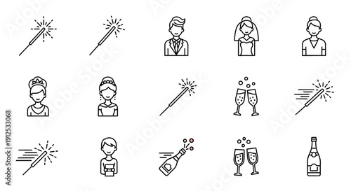 Wedding Celebration Icons: Sparklers, Champagne, Bride, Groom, Couple, Bottle