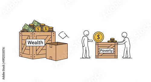 Wealth vs Poverty: Boxes of money and coins, people with little resources