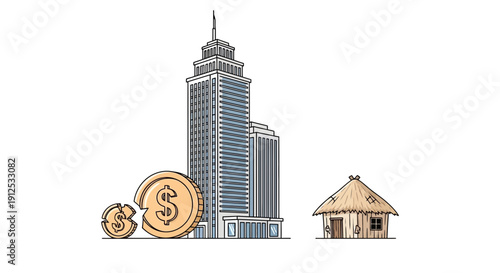 Wealth inequality: skyscraper vs hut, big coins symbolize wealth gap, business concept
