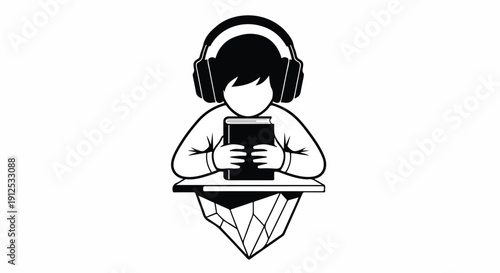 Stylized illustration of a person wearing headphones and reading a book, representing audiobooks and modern learning