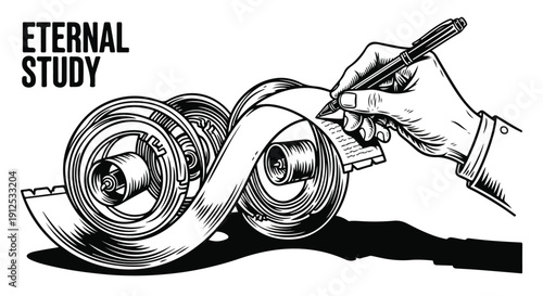 Hand writing on a scroll of film, representing eternal study and learning, in a vintage illustration style.