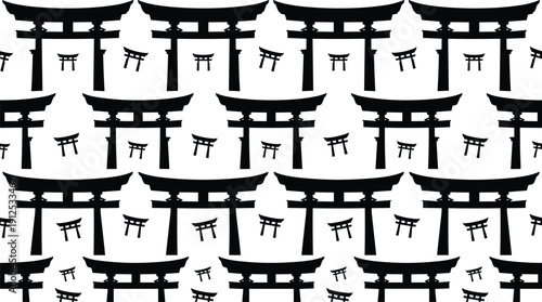 Japanese torii gate silhouettes pattern, traditional shrine symbol collection, Asian culture architecture design, travel landmark motif, flat vector illustration