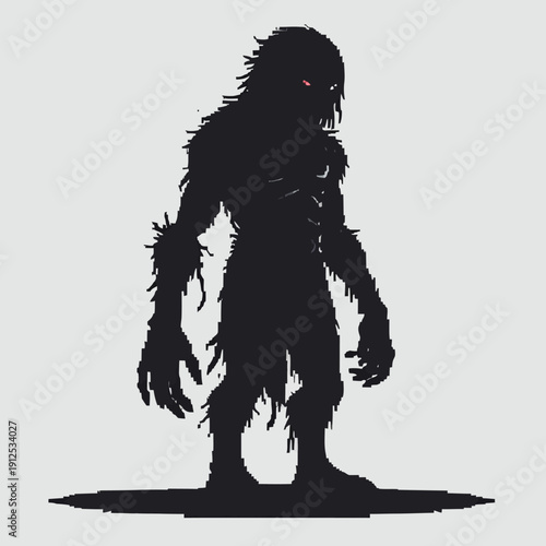 A mysterious creature stands alone in the darkness with glowing red eyes from a front viewpoint