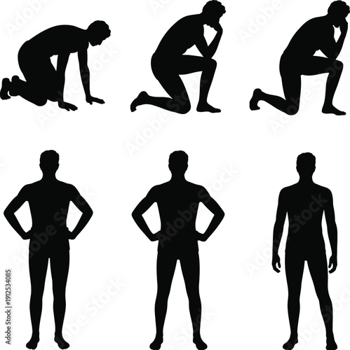 Man silhouette pose collection, kneeling thinking and standing body positions set, athletic human figure black flat vector illustration design