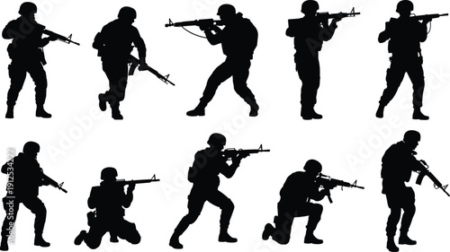 Military soldier silhouette set, combat army action poses, armed tactical vector figures, defense operation scene, flat design illustration
