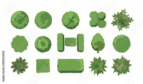 Top view trees and garden plants vector set for city park landscape design isolated on white