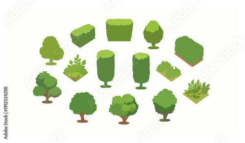 Top view city park plants and garden bushes vector set for landscape planning