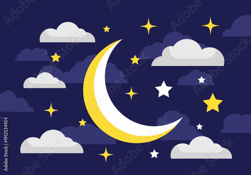 Crescent moon surrounded by clouds and stars in the night sky with a serene and dreamy atmosphere viewed from below