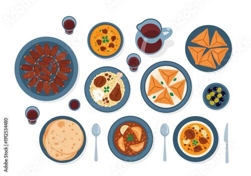 Assorted international dishes beautifully arranged on a table showcasing various cuisines from around the world in a vibrant flat illustration