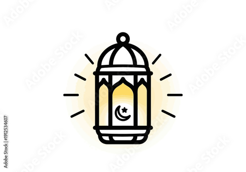 An illustrated lantern with a crescent moon inside is glowing softly from within an ornate design