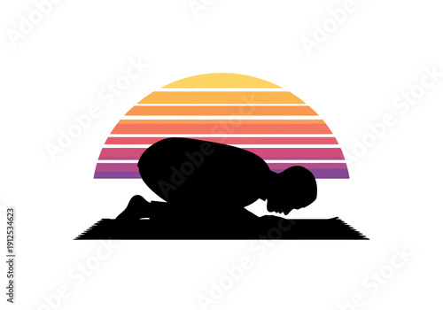 A person kneeling in prayer during a serene sunset with a vibrant gradient background from a side viewpoint depicting spiritual tranquility and reflection