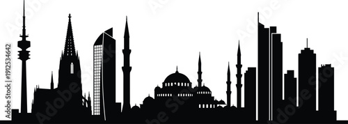 Modern city skyline silhouette with mosque and towers, urban architecture panorama, travel landmark concept, black cityscape design, flat vector illustration