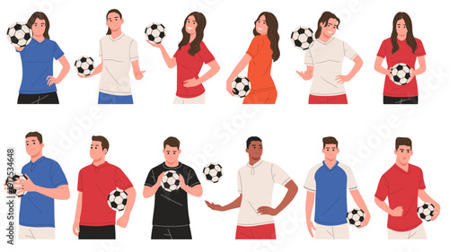 vector illustration set featuring male and female soccer players holding footballs in various poses. Suitable for football training materials, sports campaigns,school tournaments, team branding,poster
