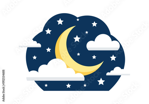 A serene night sky with a crescent moon, stars, and clouds from a celestial viewpoint