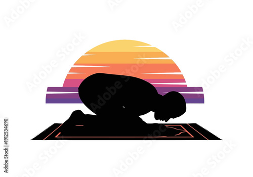 A person in a kneeling position on a mat during a serene sunset