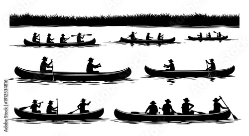 Set of black and white silhouettes of people in canoes and kayaks paddling on water, with a grassy bank in the background.