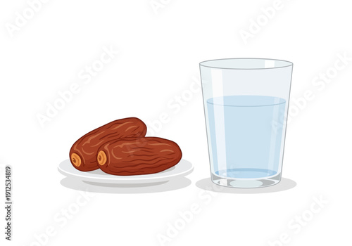 A glass of water and dates on a plate viewed from the side on a plain surface