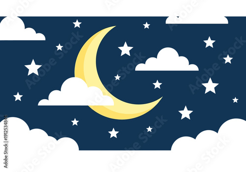 A serene night sky with a crescent moon and stars amidst fluffy clouds viewed from below