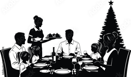Family Christmas dinner vector illustration, people eating at festive table with tree, holiday celebration silhouette for winter party and gathering.