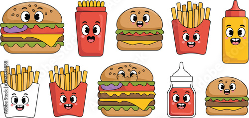 Cartoon Fast Food Vector Set  Burger and French Fries Hand-Drawn Illustration