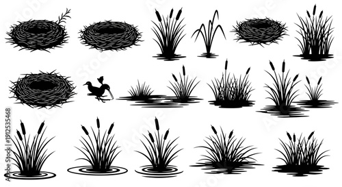Set of black silhouettes of reed, cattail, bird nests, and baby birds, vector illustration isolated on white background.