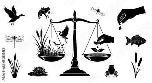 Ecological balance concept with nature elements and human interaction on a scale, symbolizing environmental protection and sustainability.