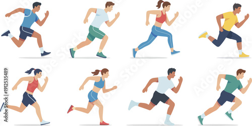People Running Vector Set  Men and Women Sprinting and Moving Fast Illustration