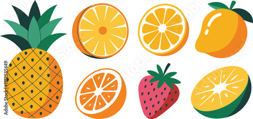 Hand-Drawn Tropical Fruit Vector Set  Pineapple, Strawberry and Citrus Collection