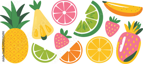 Hand-Drawn Tropical Fruit Vector Set  Pineapple, Strawberry and Citrus Collection