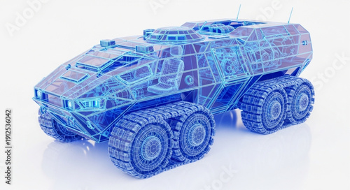 Futuristic armored vehicle concept with digital blue wireframe overlay.